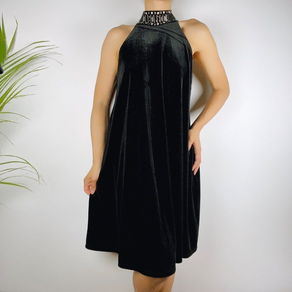 Black Velvet Halter Top Midi Dress / Size: Small Lined